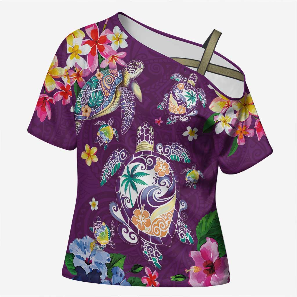 Hawaiian Turtles and Tropical Plants Cross Shoulder Shirt Purple Watercolor LT03 Female Purple - Polynesian Pride