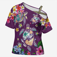 Hawaiian Turtles and Tropical Plants Cross Shoulder Shirt Purple Watercolor LT03 Female Purple - Polynesian Pride