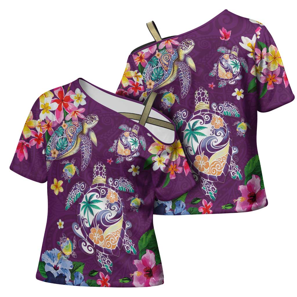 Hawaiian Turtles and Tropical Plants Cross Shoulder Shirt Purple Watercolor LT03 - Polynesian Pride
