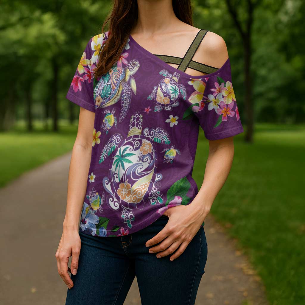 Hawaiian Turtles and Tropical Plants Cross Shoulder Shirt Purple Watercolor LT03 - Polynesian Pride