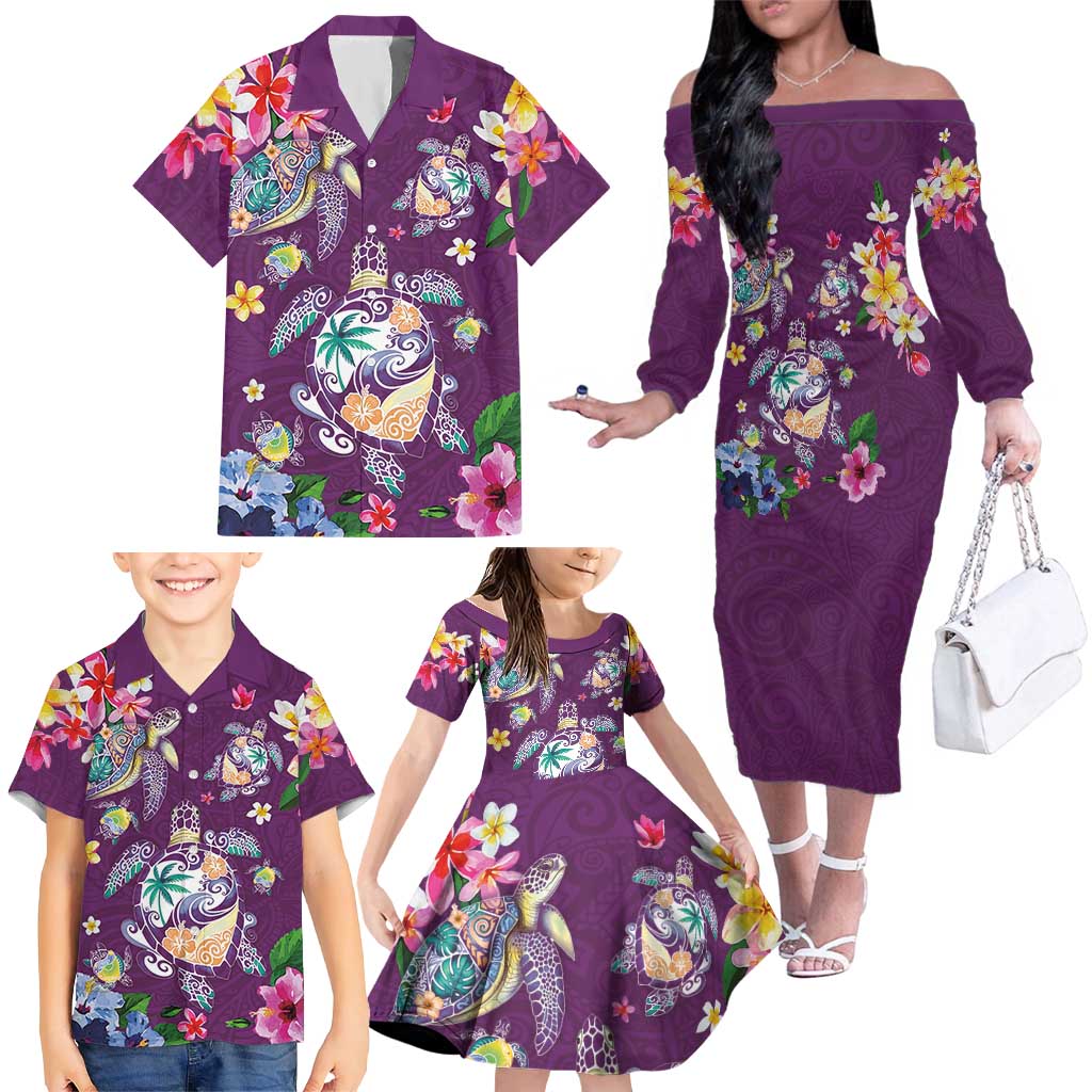 Hawaiian Turtles and Tropical Plants Family Matching Off The Shoulder Long Sleeve Dress and Hawaiian Shirt Purple Watercolor