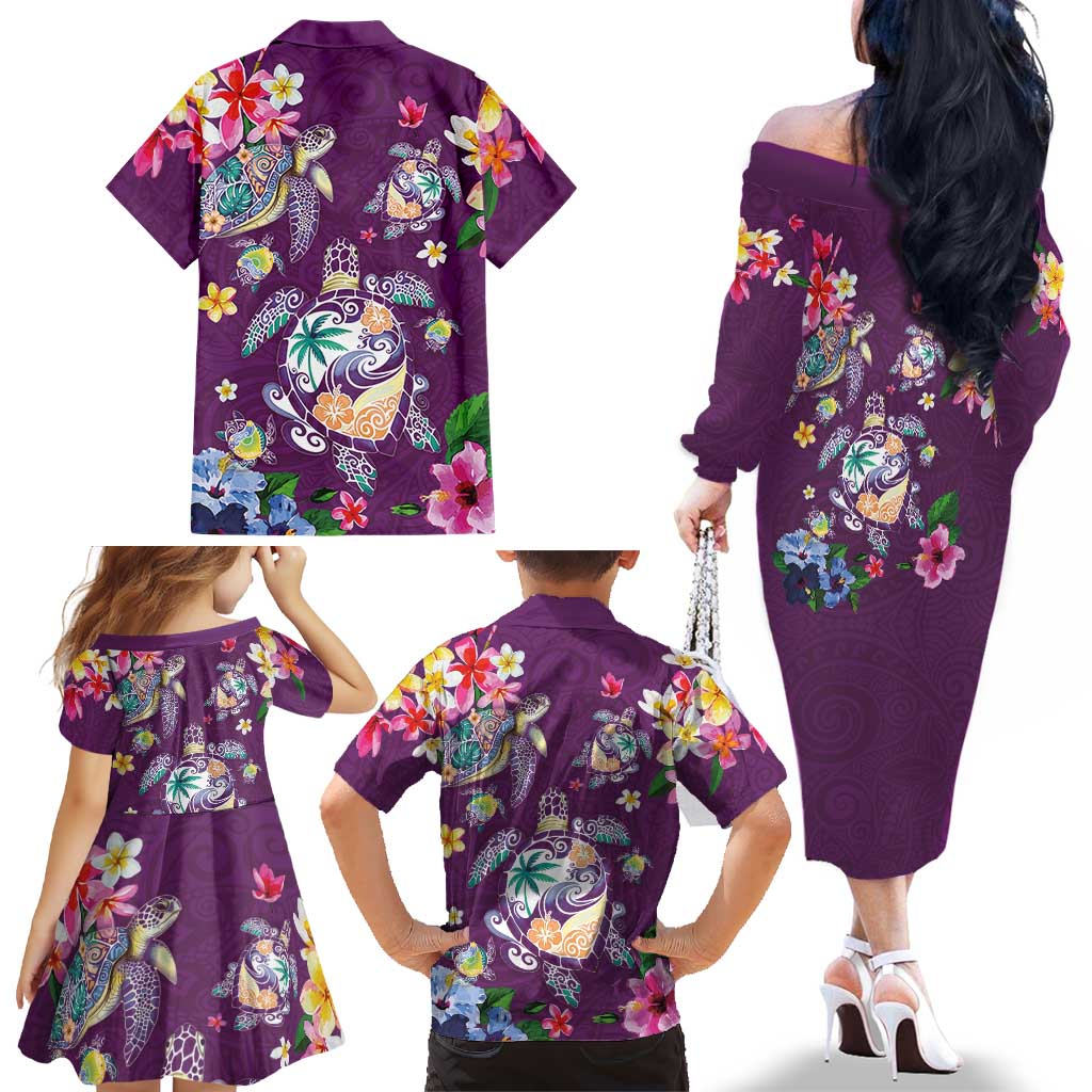 Hawaiian Turtles and Tropical Plants Family Matching Off The Shoulder Long Sleeve Dress and Hawaiian Shirt Purple Watercolor