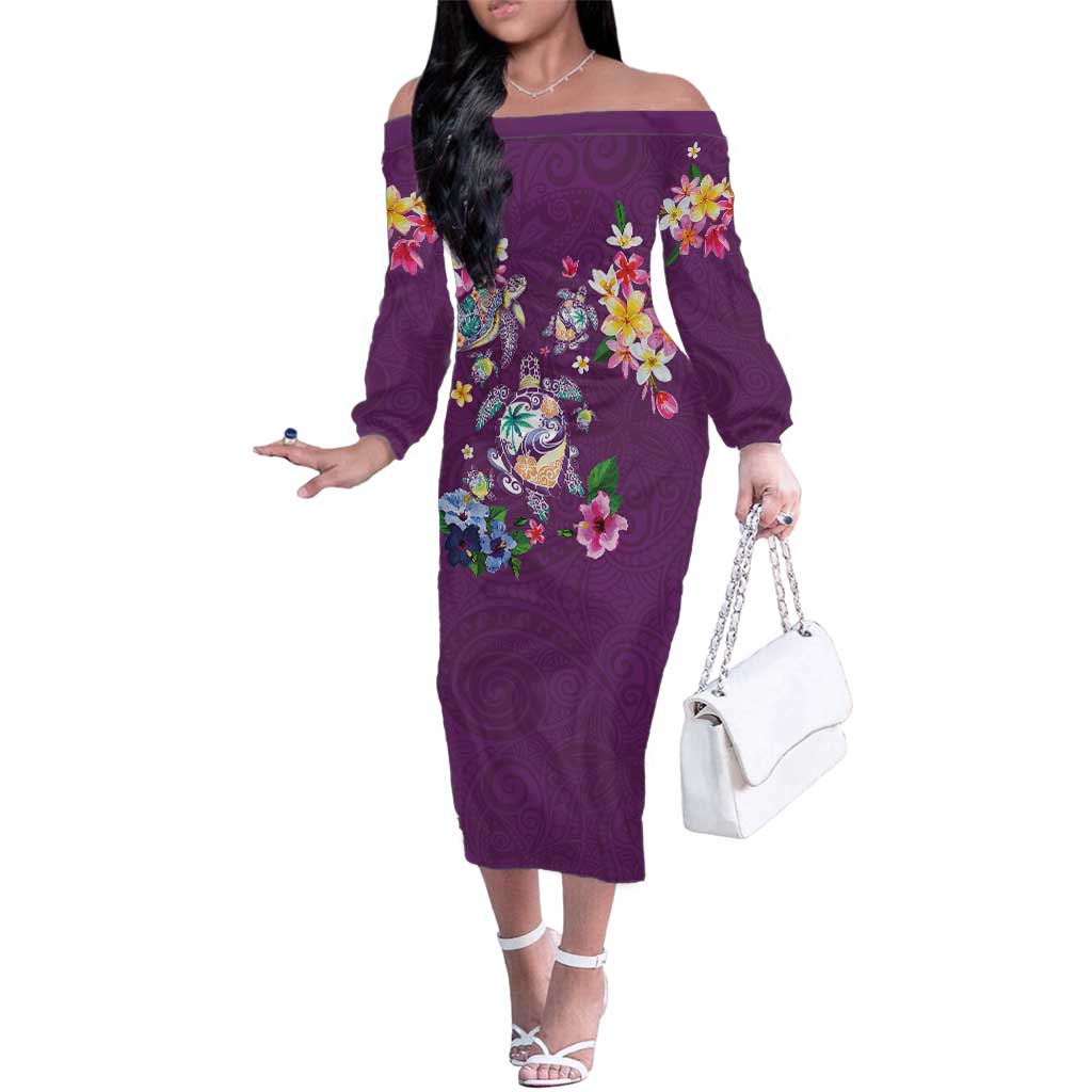 Hawaiian Turtles and Tropical Plants Family Matching Off The Shoulder Long Sleeve Dress and Hawaiian Shirt Purple Watercolor