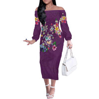 Hawaiian Turtles and Tropical Plants Family Matching Off The Shoulder Long Sleeve Dress and Hawaiian Shirt Purple Watercolor