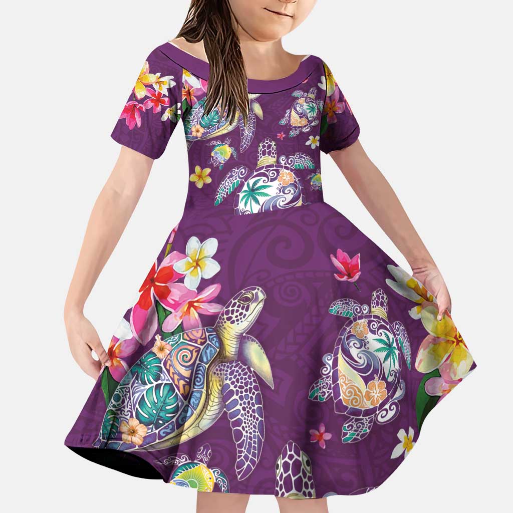 Hawaiian Turtles and Tropical Plants Family Matching Off Shoulder Short Dress and Hawaiian Shirt Purple Watercolor