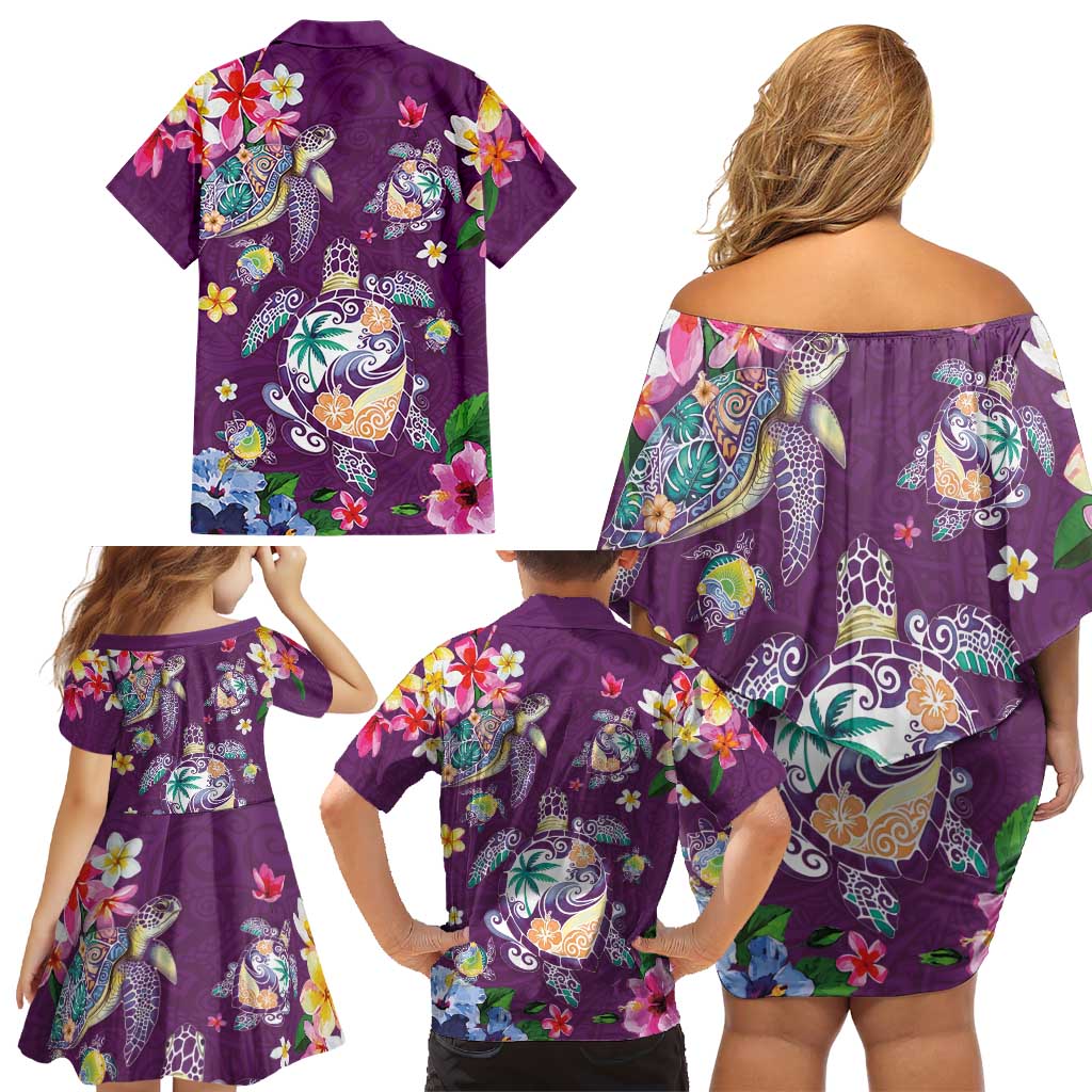 Hawaiian Turtles and Tropical Plants Family Matching Off Shoulder Short Dress and Hawaiian Shirt Purple Watercolor