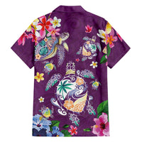 Hawaiian Turtles and Tropical Plants Family Matching Off Shoulder Short Dress and Hawaiian Shirt Purple Watercolor