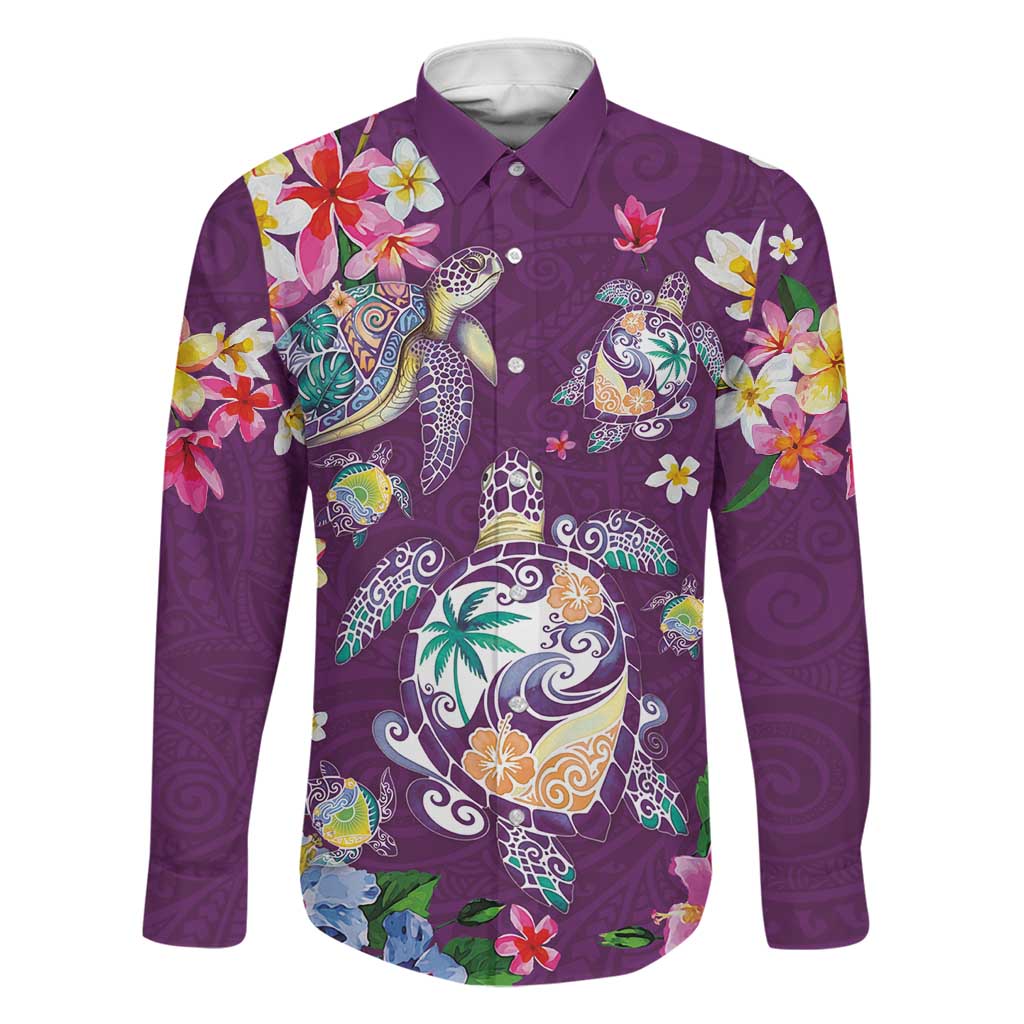 Hawaiian Turtles and Tropical Plants Family Matching Off Shoulder Short Dress and Hawaiian Shirt Purple Watercolor