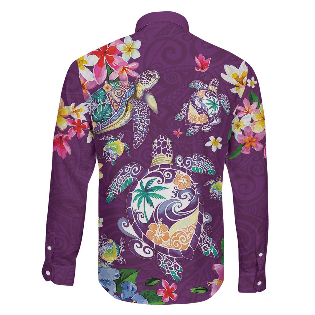 Hawaiian Turtles and Tropical Plants Family Matching Off Shoulder Short Dress and Hawaiian Shirt Purple Watercolor