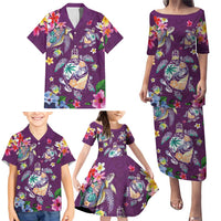Hawaiian Turtles and Tropical Plants Family Matching Puletasi and Hawaiian Shirt Purple Watercolor