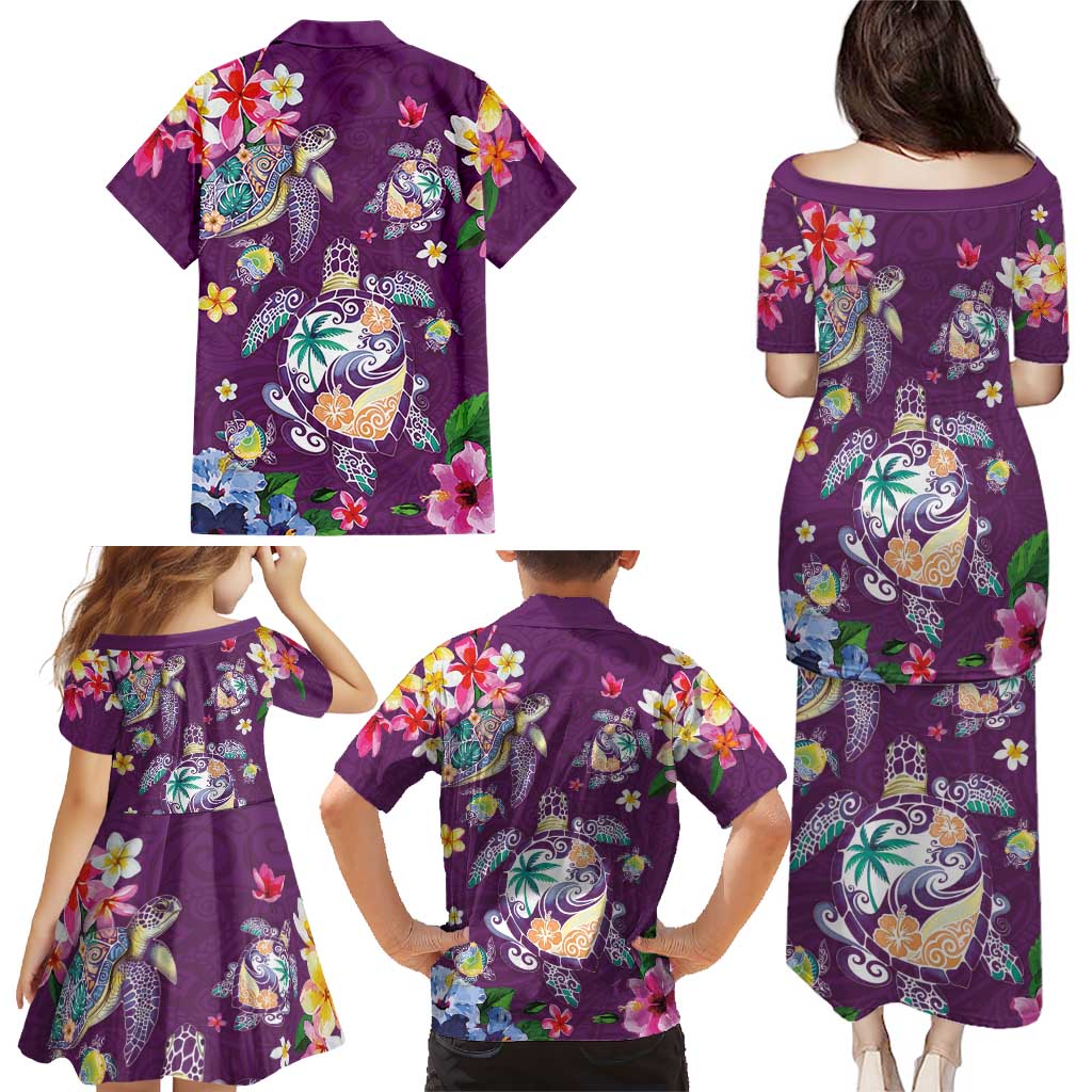 Hawaiian Turtles and Tropical Plants Family Matching Puletasi and Hawaiian Shirt Purple Watercolor