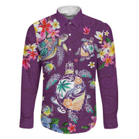 Hawaiian Turtles and Tropical Plants Family Matching Puletasi and Hawaiian Shirt Purple Watercolor