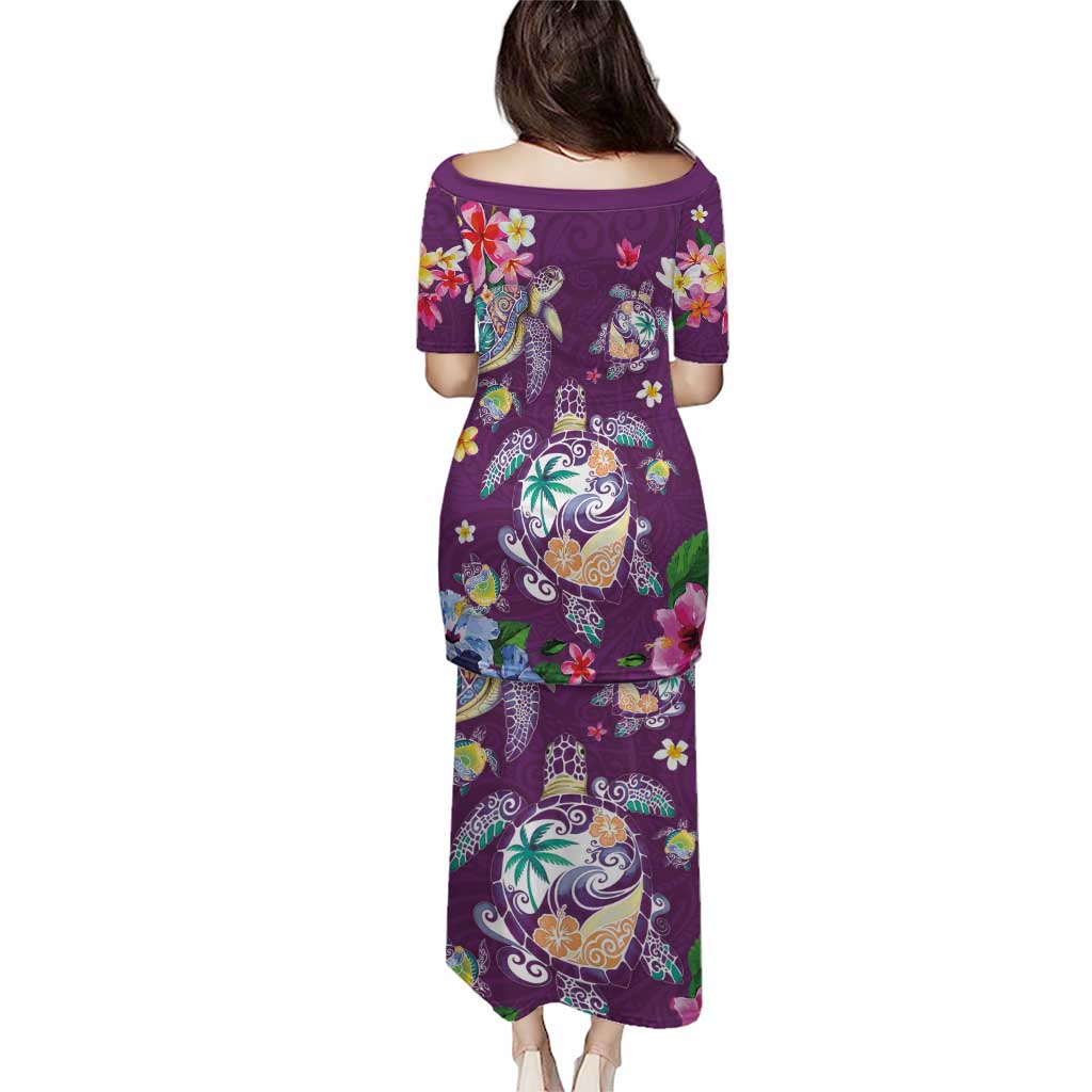 Hawaiian Turtles and Tropical Plants Family Matching Puletasi and Hawaiian Shirt Purple Watercolor