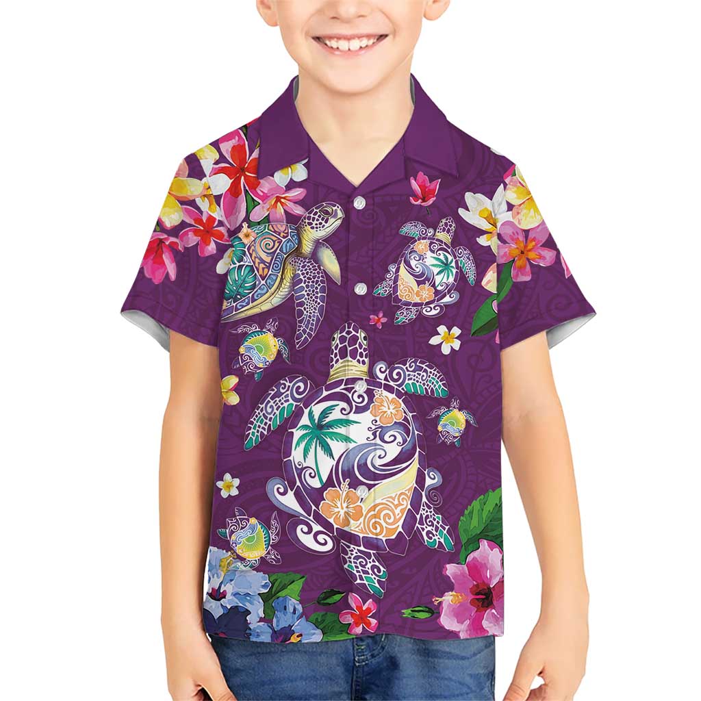 Hawaiian Turtles and Tropical Plants Family Matching Puletasi and Hawaiian Shirt Purple Watercolor