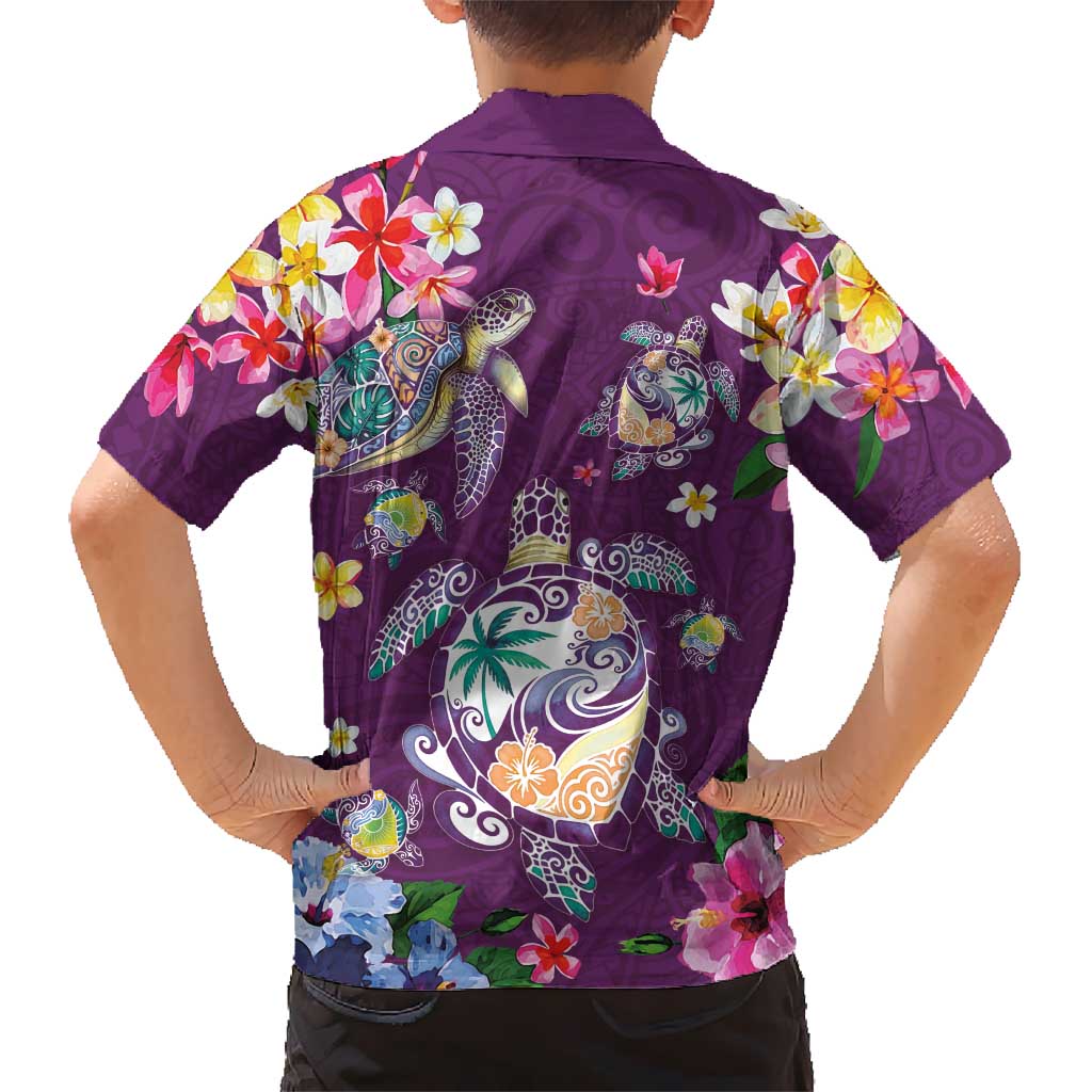 Hawaiian Turtles and Tropical Plants Family Matching Short Sleeve Bodycon Dress and Hawaiian Shirt Purple Watercolor