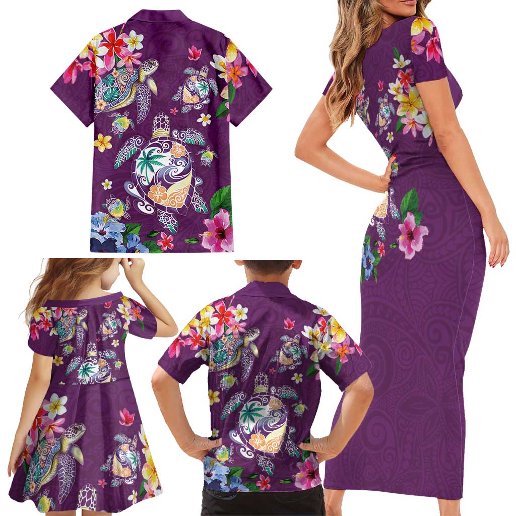 Hawaiian Turtles and Tropical Plants Family Matching Short Sleeve Bodycon Dress and Hawaiian Shirt Purple Watercolor
