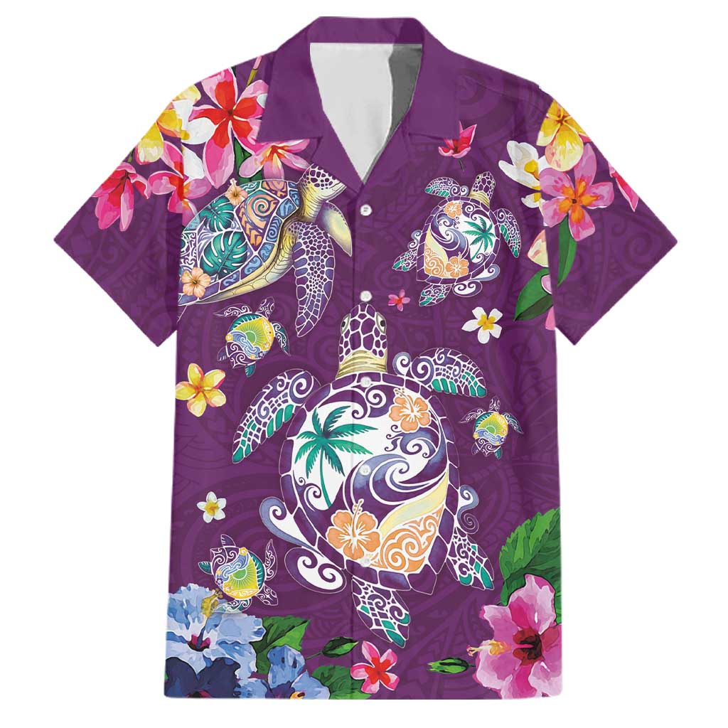 Hawaiian Turtles and Tropical Plants Family Matching Short Sleeve Bodycon Dress and Hawaiian Shirt Purple Watercolor