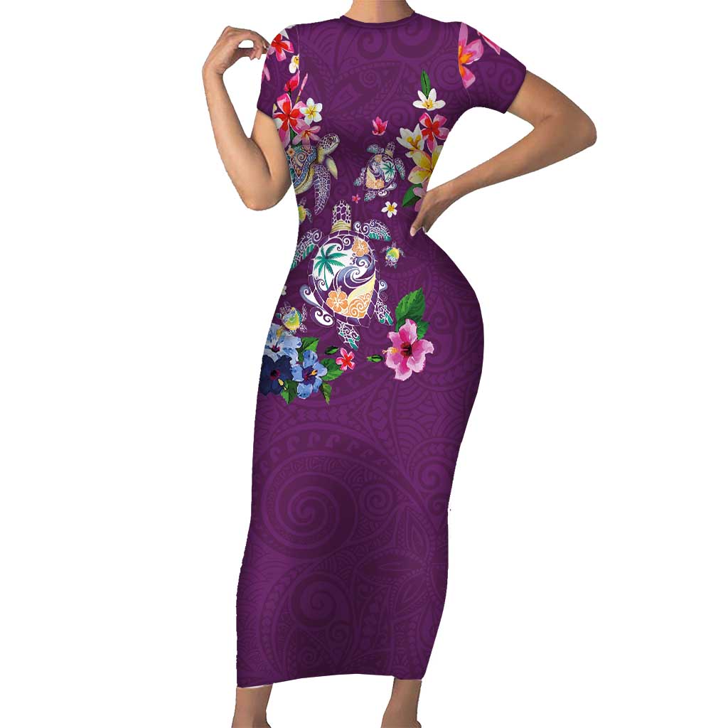 Hawaiian Turtles and Tropical Plants Family Matching Short Sleeve Bodycon Dress and Hawaiian Shirt Purple Watercolor