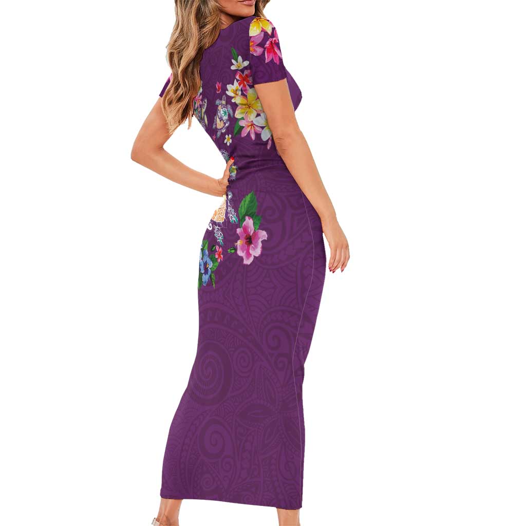 Hawaiian Turtles and Tropical Plants Family Matching Short Sleeve Bodycon Dress and Hawaiian Shirt Purple Watercolor