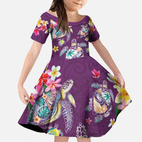 Hawaiian Turtles and Tropical Plants Kid Short Sleeve Dress Purple Watercolor LT03 KID Purple - Polynesian Pride