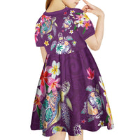 Hawaiian Turtles and Tropical Plants Kid Short Sleeve Dress Purple Watercolor LT03 - Polynesian Pride