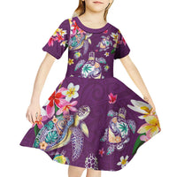 Hawaiian Turtles and Tropical Plants Kid Short Sleeve Dress Purple Watercolor LT03 - Polynesian Pride