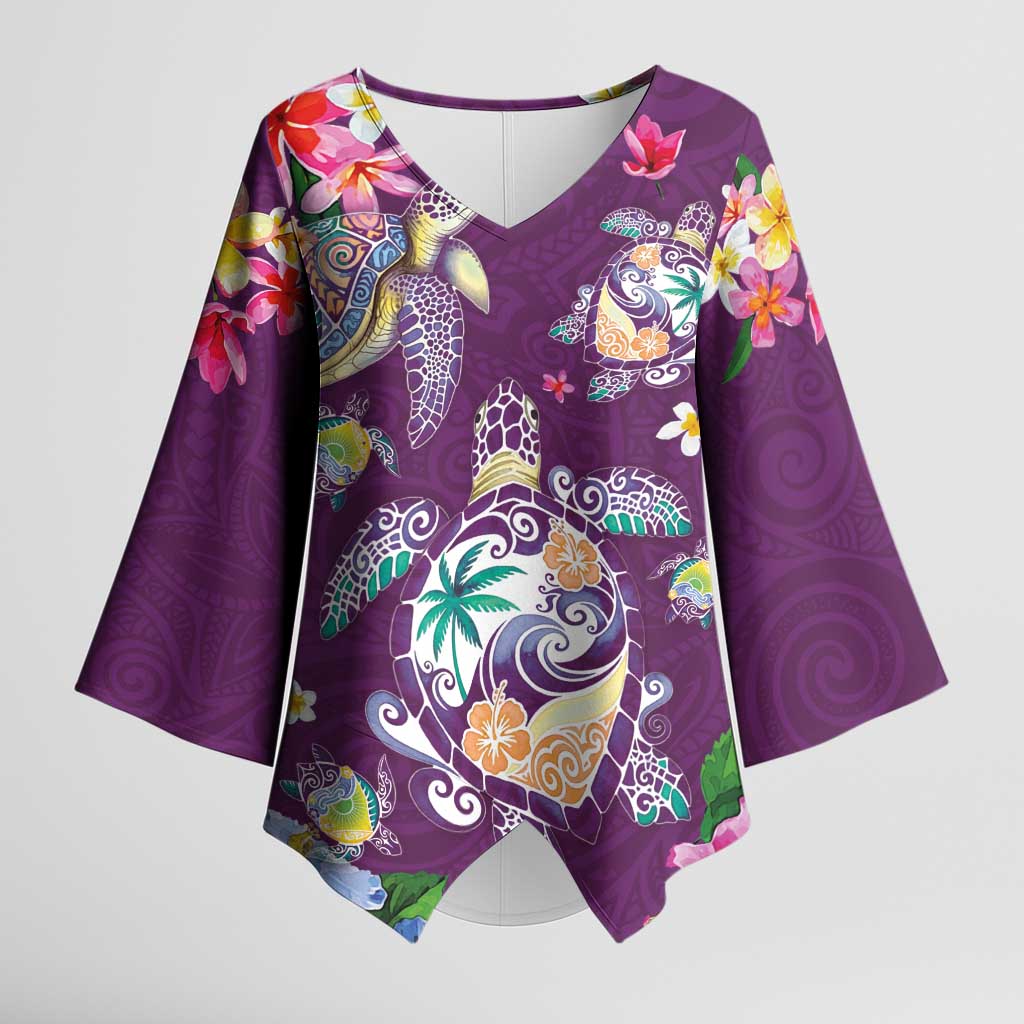 Hawaiian Turtles and Tropical Plants Kimono Sleeve Blouse Purple Watercolor LT03 Female Purple - Polynesian Pride