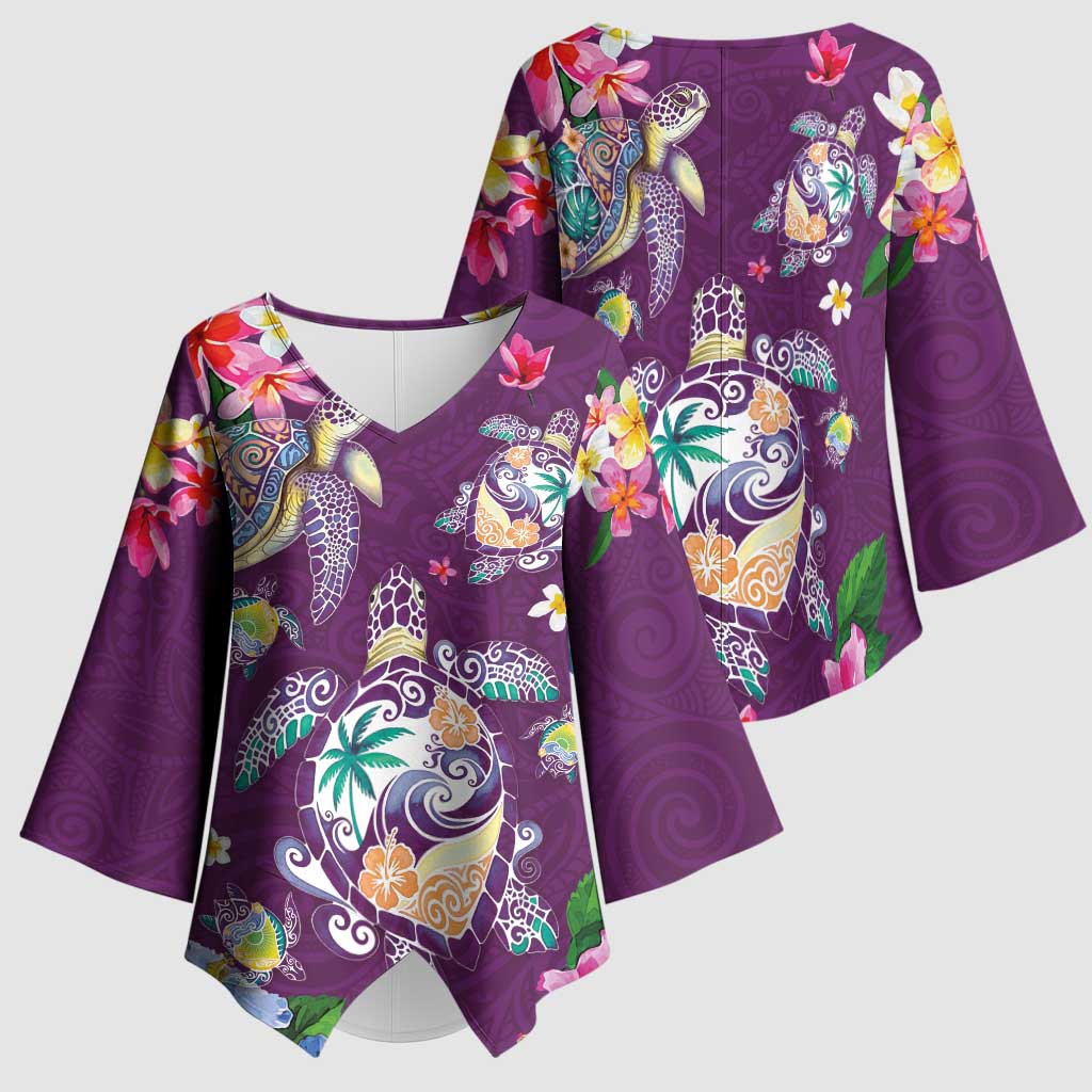 Hawaiian Turtles and Tropical Plants Kimono Sleeve Blouse Purple Watercolor LT03 - Polynesian Pride
