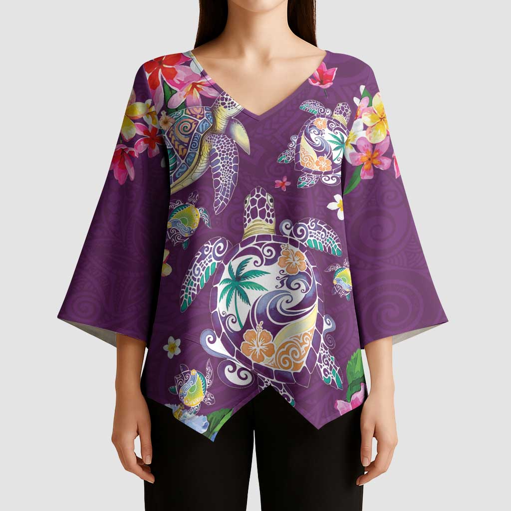 Hawaiian Turtles and Tropical Plants Kimono Sleeve Blouse Purple Watercolor LT03 - Polynesian Pride