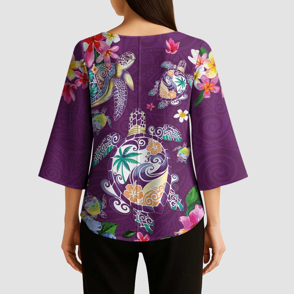 Hawaiian Turtles and Tropical Plants Kimono Sleeve Blouse Purple Watercolor LT03 - Polynesian Pride