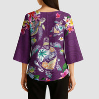 Hawaiian Turtles and Tropical Plants Kimono Sleeve Blouse Purple Watercolor LT03 - Polynesian Pride