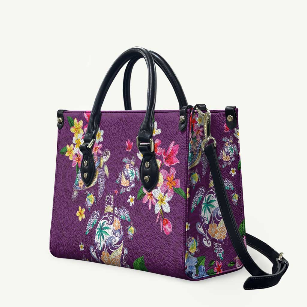 Hawaiian Turtles and Tropical Plants Leather Bag Purple Watercolor