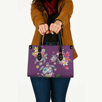 Hawaiian Turtles and Tropical Plants Leather Bag Purple Watercolor