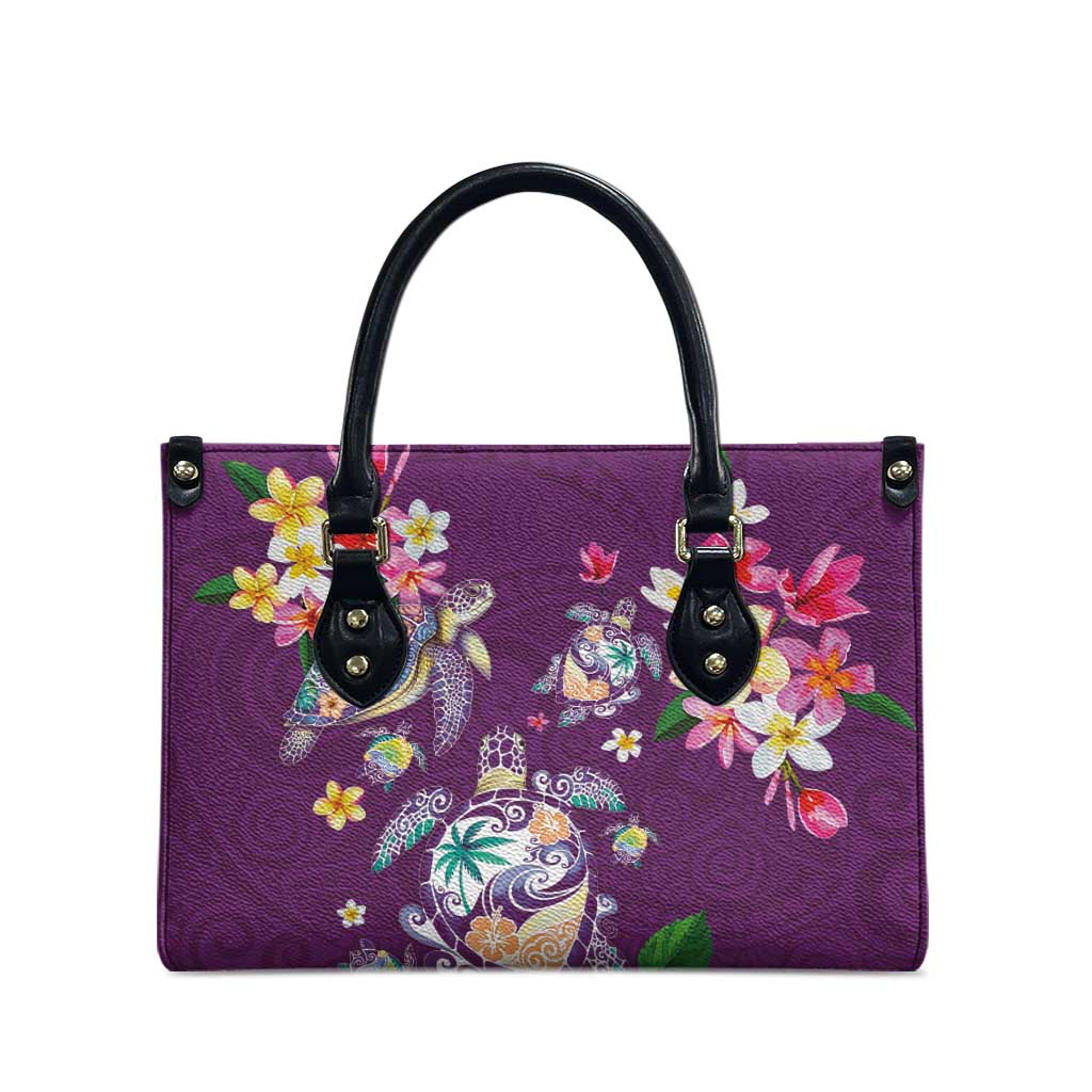 Hawaiian Turtles and Tropical Plants Leather Bag Purple Watercolor