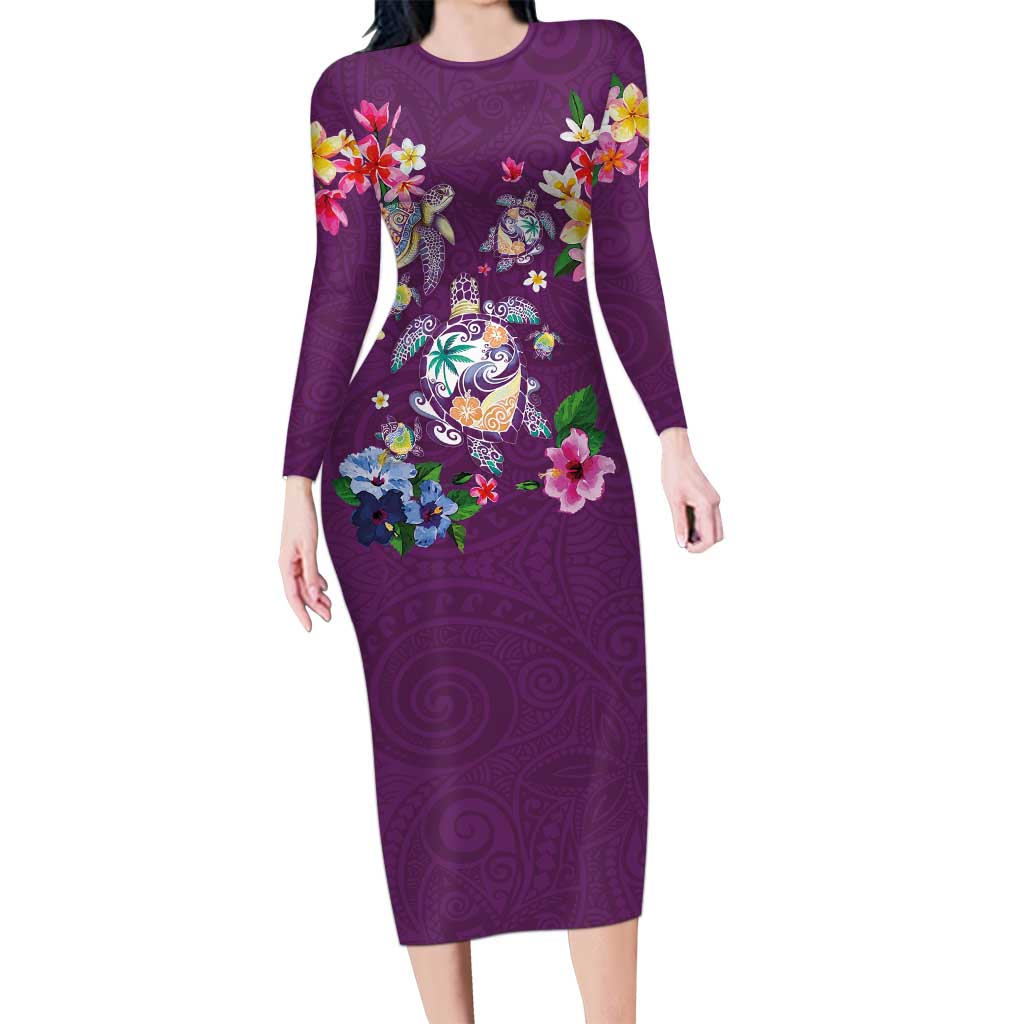 Hawaiian Turtles and Tropical Plants Long Sleeve Bodycon Dress Purple Watercolor LT03 Long Dress Purple - Polynesian Pride