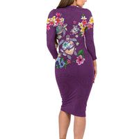 Hawaiian Turtles and Tropical Plants Long Sleeve Bodycon Dress Purple Watercolor LT03 - Polynesian Pride