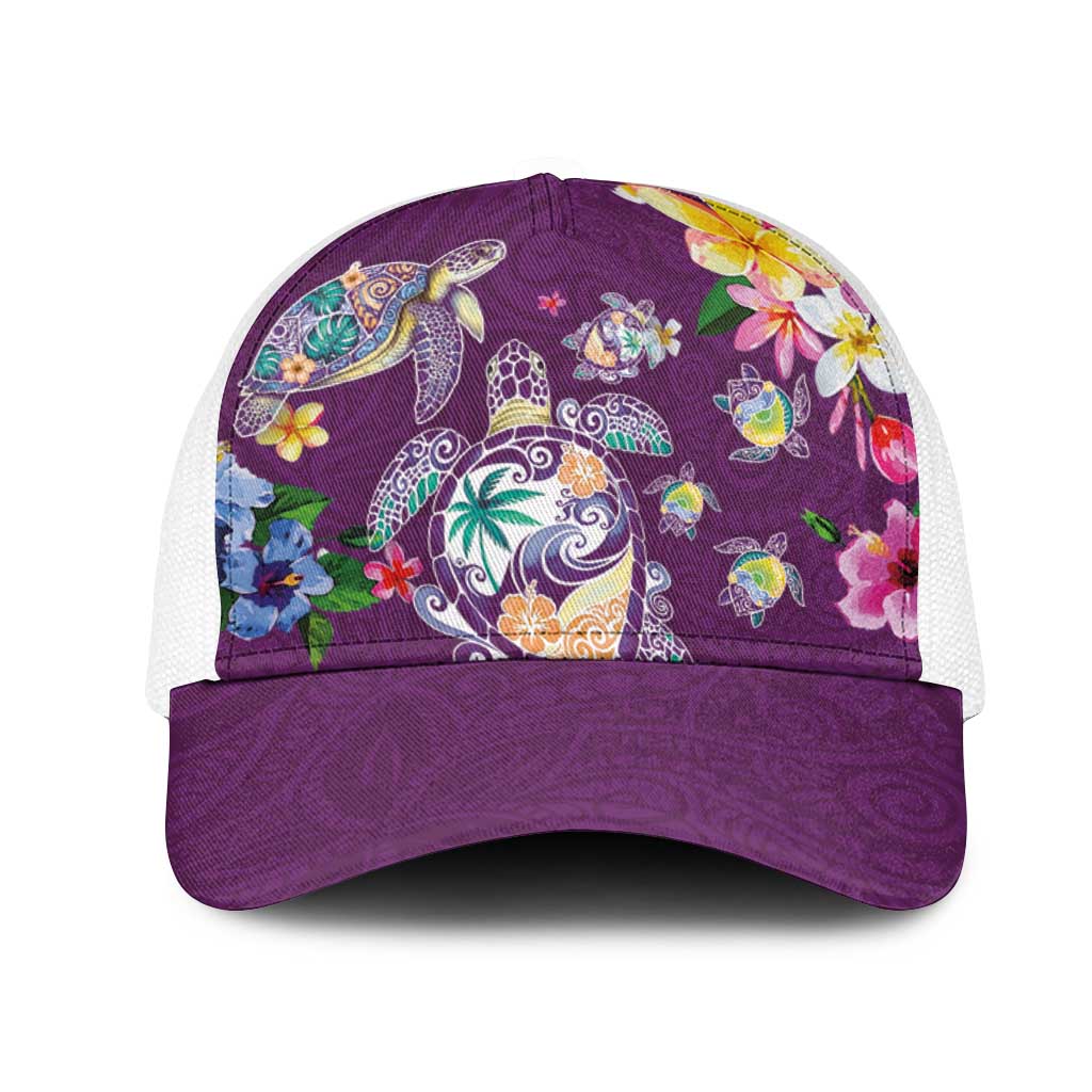 Hawaiian Turtles and Tropical Plants Mesh Trucker Cap Purple Watercolor