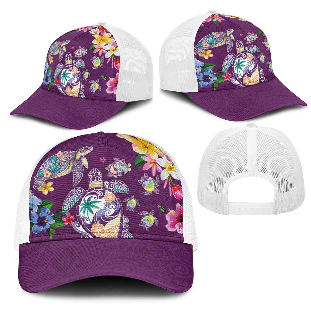 Hawaiian Turtles and Tropical Plants Mesh Trucker Cap Purple Watercolor