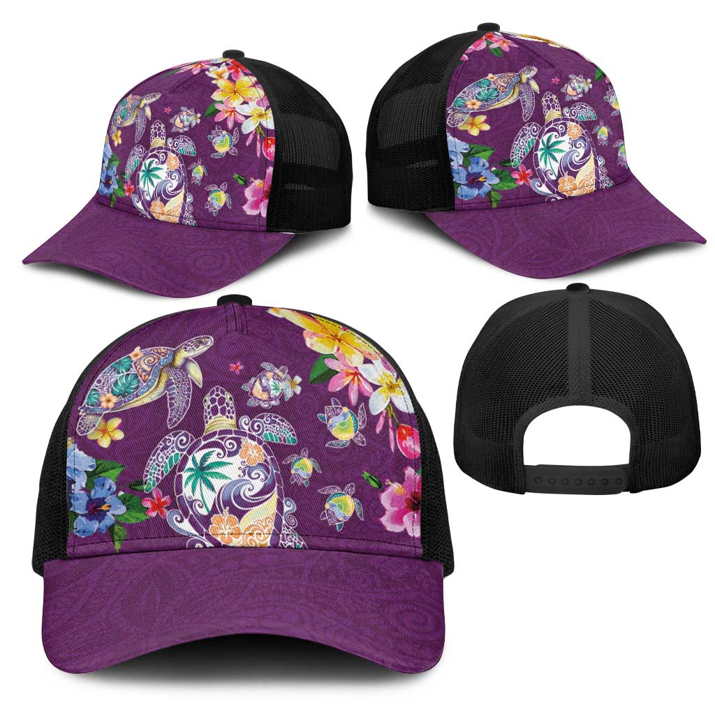 Hawaiian Turtles and Tropical Plants Mesh Trucker Cap Purple Watercolor