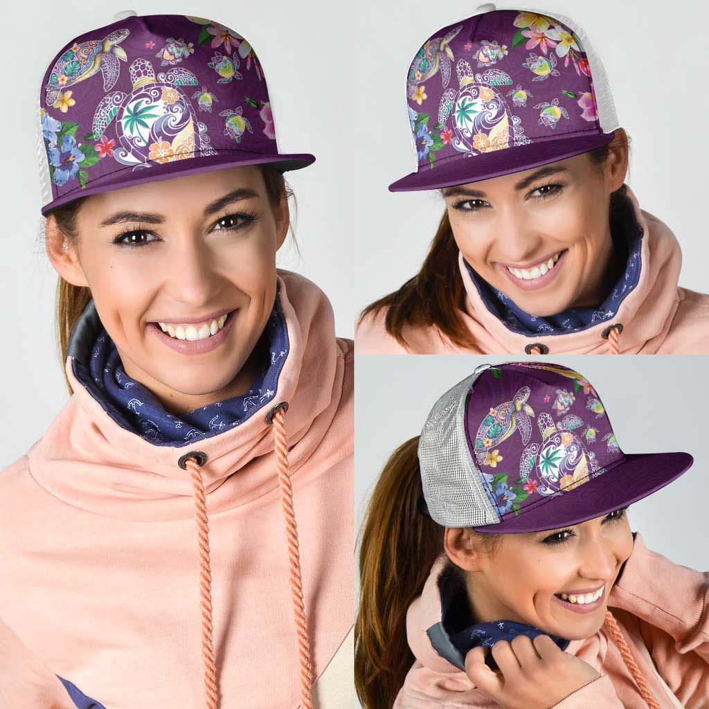 Hawaiian Turtles and Tropical Plants Mesh Trucker Cap Purple Watercolor