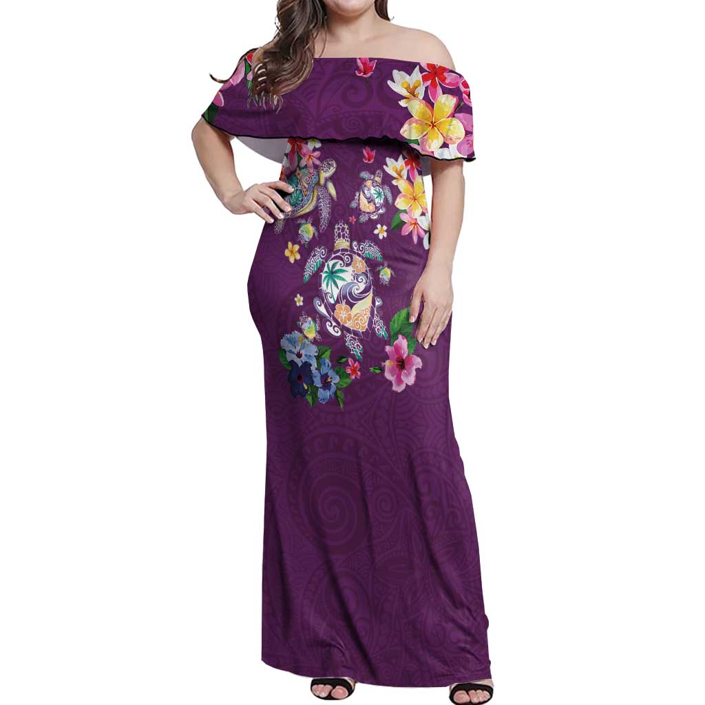 Hawaiian Turtles and Tropical Plants Off Shoulder Maxi Dress Purple Watercolor LT03 Women Purple - Polynesian Pride
