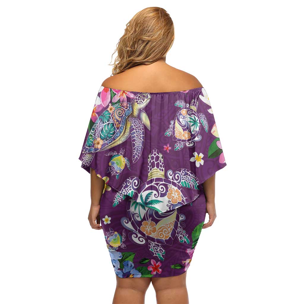 Hawaiian Turtles and Tropical Plants Off Shoulder Short Dress Purple Watercolor