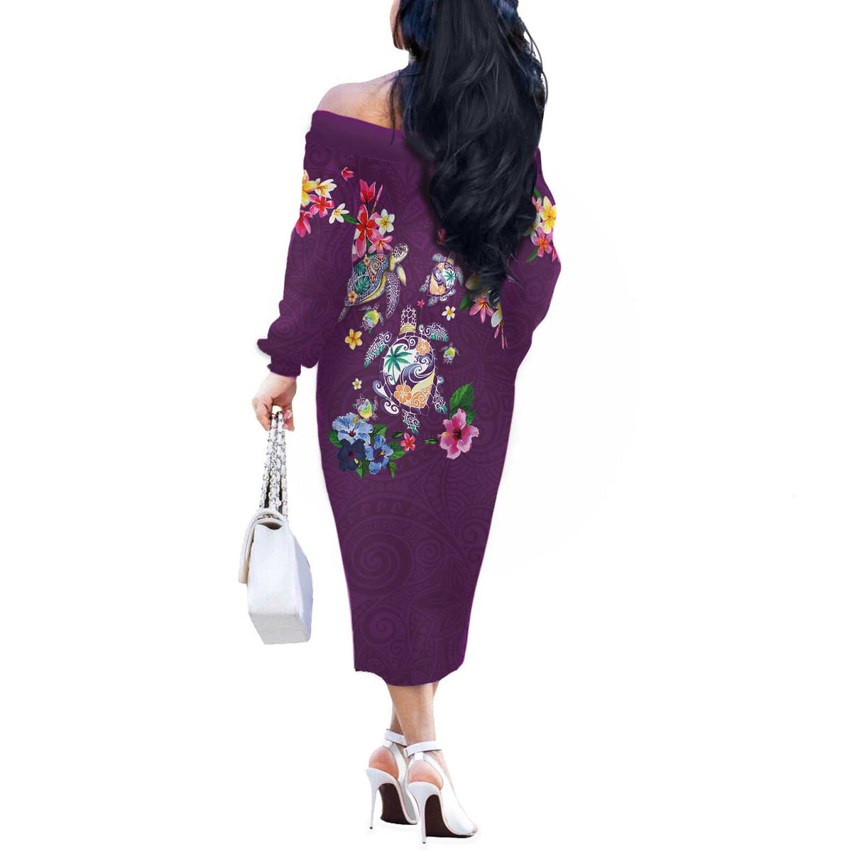 Hawaiian Turtles and Tropical Plants Off The Shoulder Long Sleeve Dress Purple Watercolor LT03 - Polynesian Pride