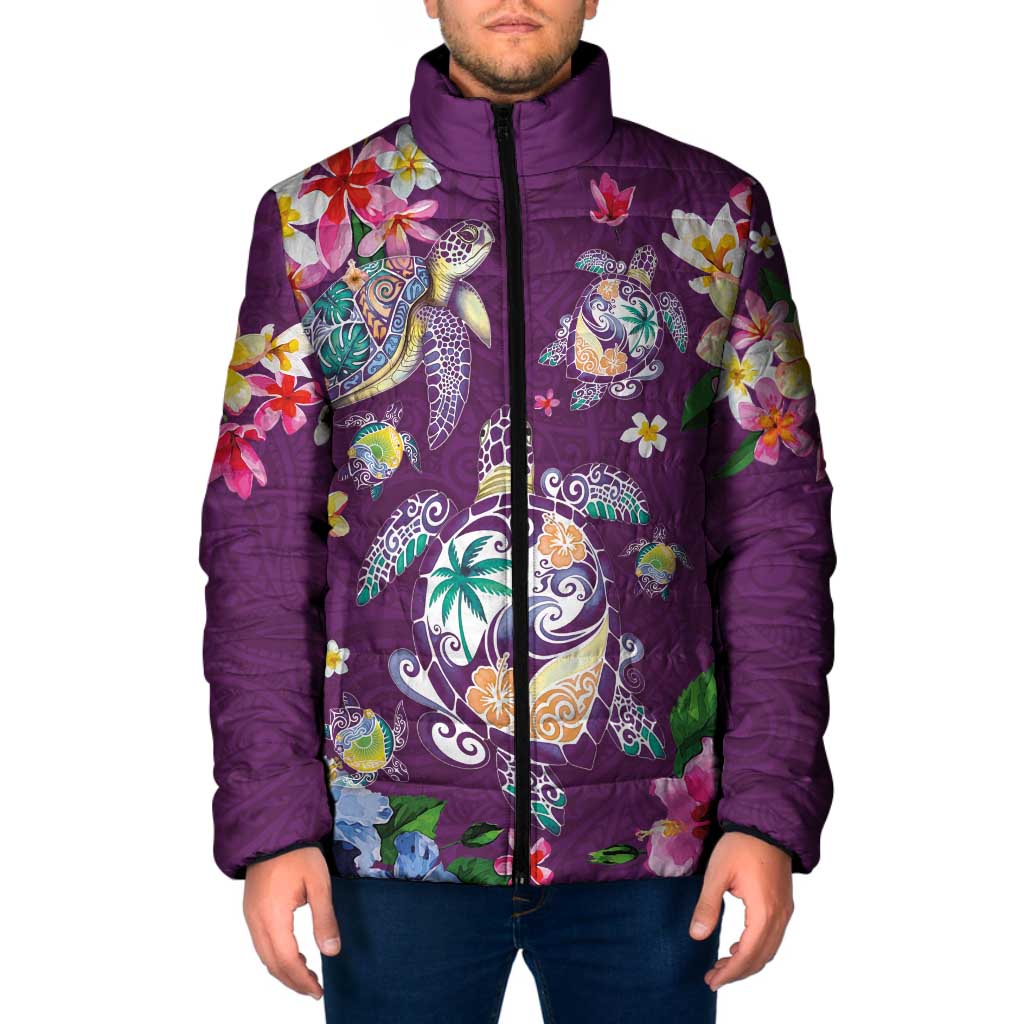 Hawaiian Turtles and Tropical Plants Padded Jacket Purple Watercolor
