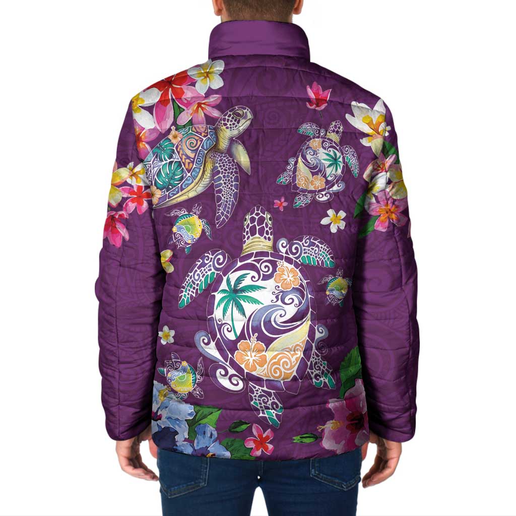 Hawaiian Turtles and Tropical Plants Padded Jacket Purple Watercolor