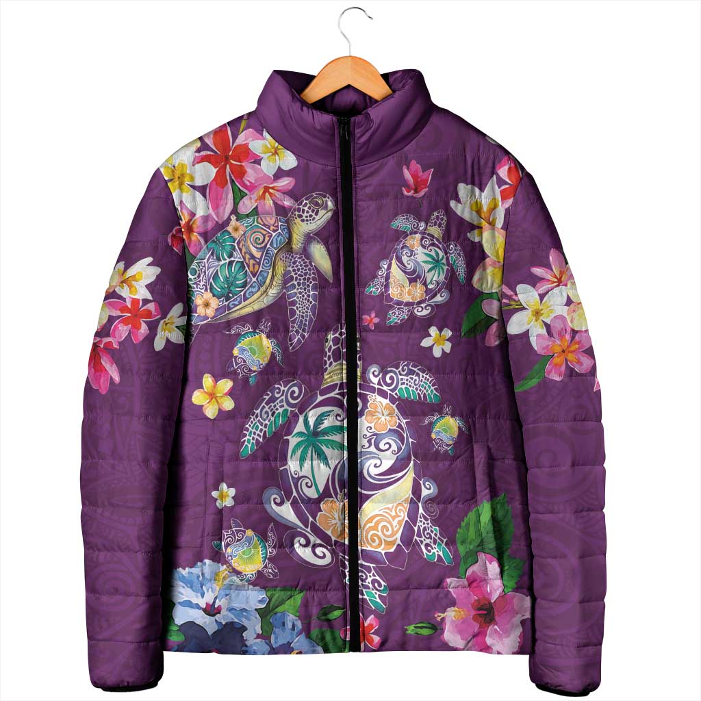 Hawaiian Turtles and Tropical Plants Padded Jacket Purple Watercolor