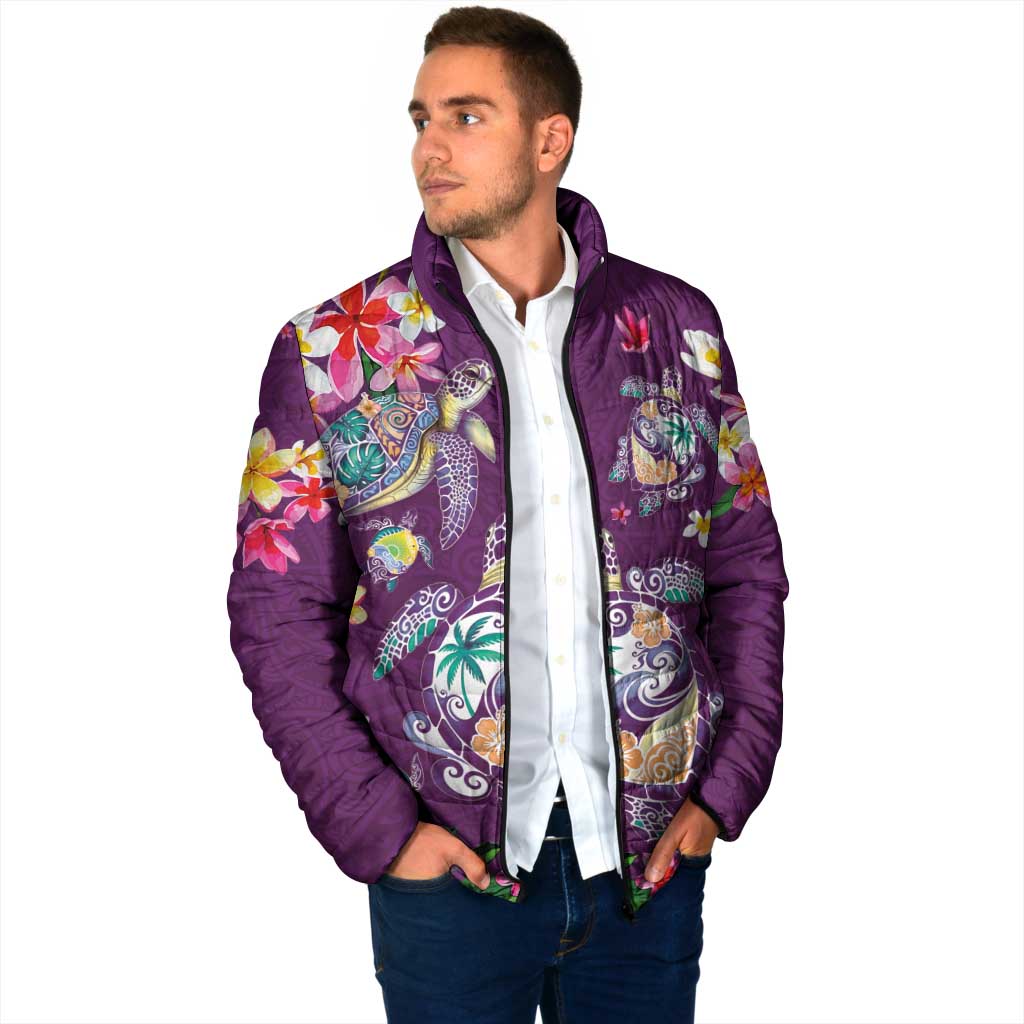 Hawaiian Turtles and Tropical Plants Padded Jacket Purple Watercolor