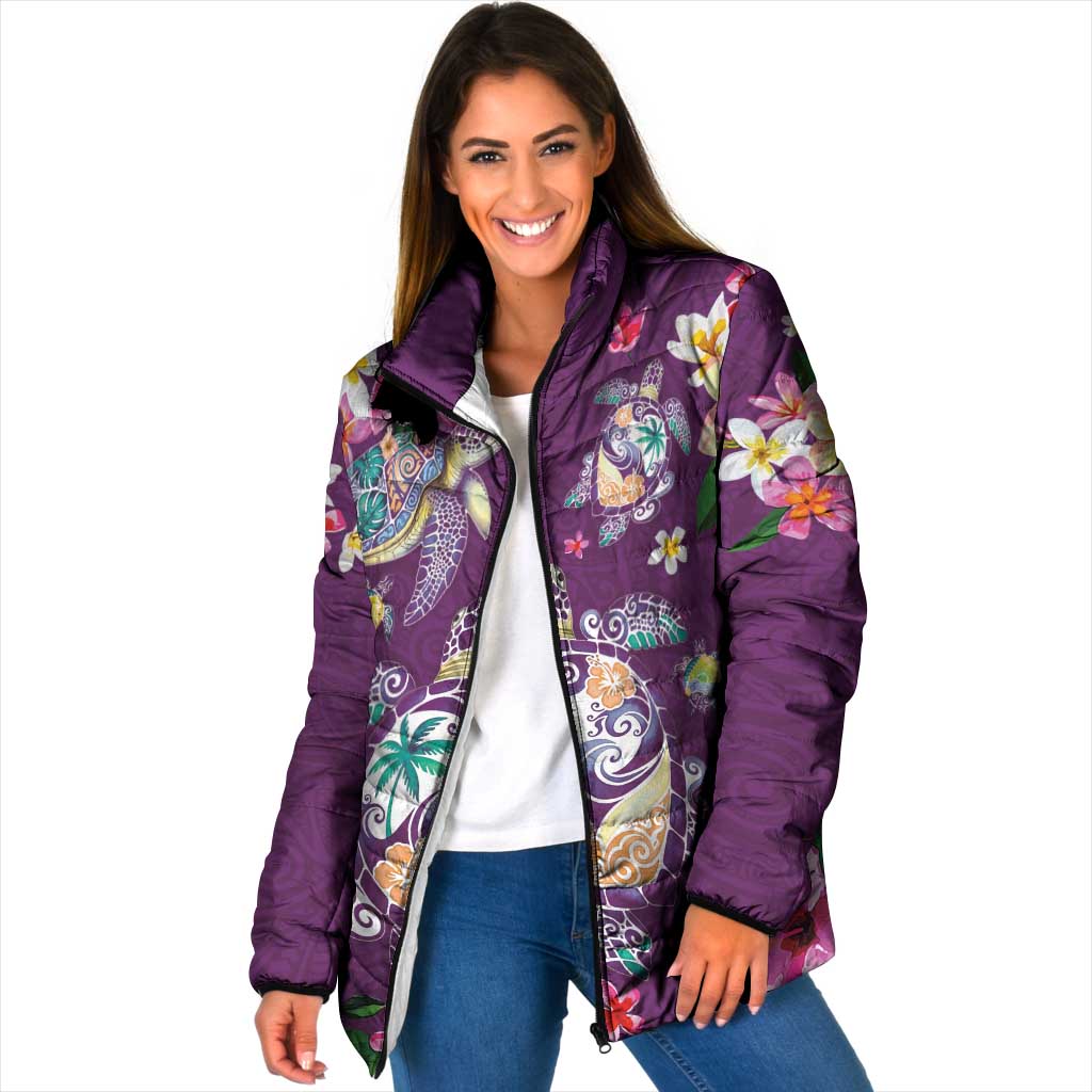 Hawaiian Turtles and Tropical Plants Padded Jacket Purple Watercolor