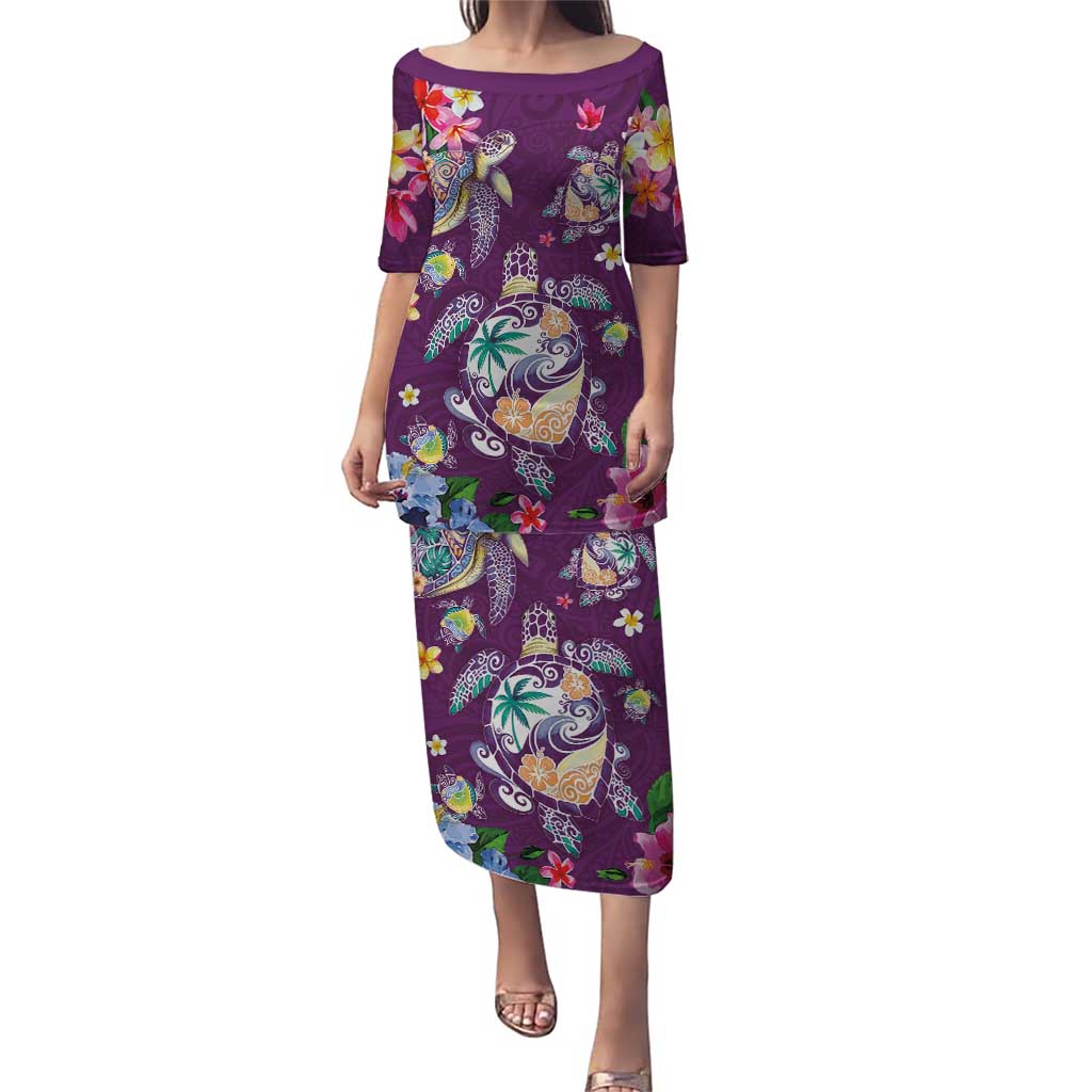 Hawaiian Turtles and Tropical Plants Puletasi Purple Watercolor LT03 Long Dress Purple - Polynesian Pride