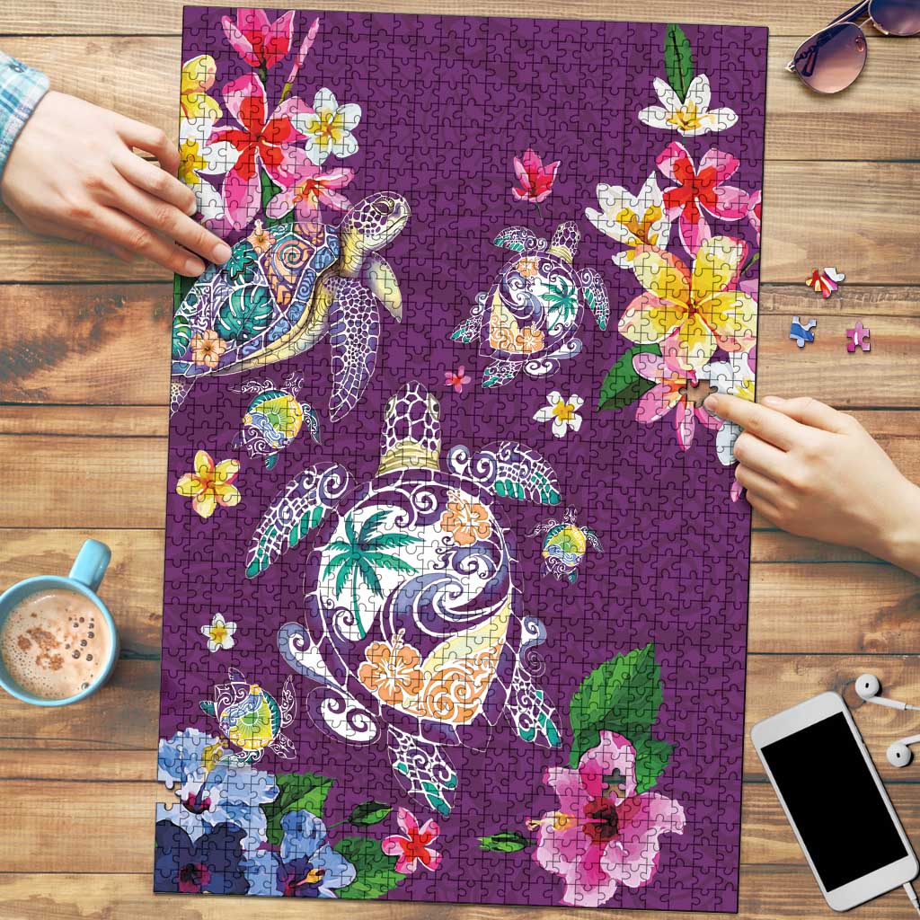 Hawaiian Turtles and Tropical Plants Puzzle Purple Watercolor LT03 Purple - Polynesian Pride